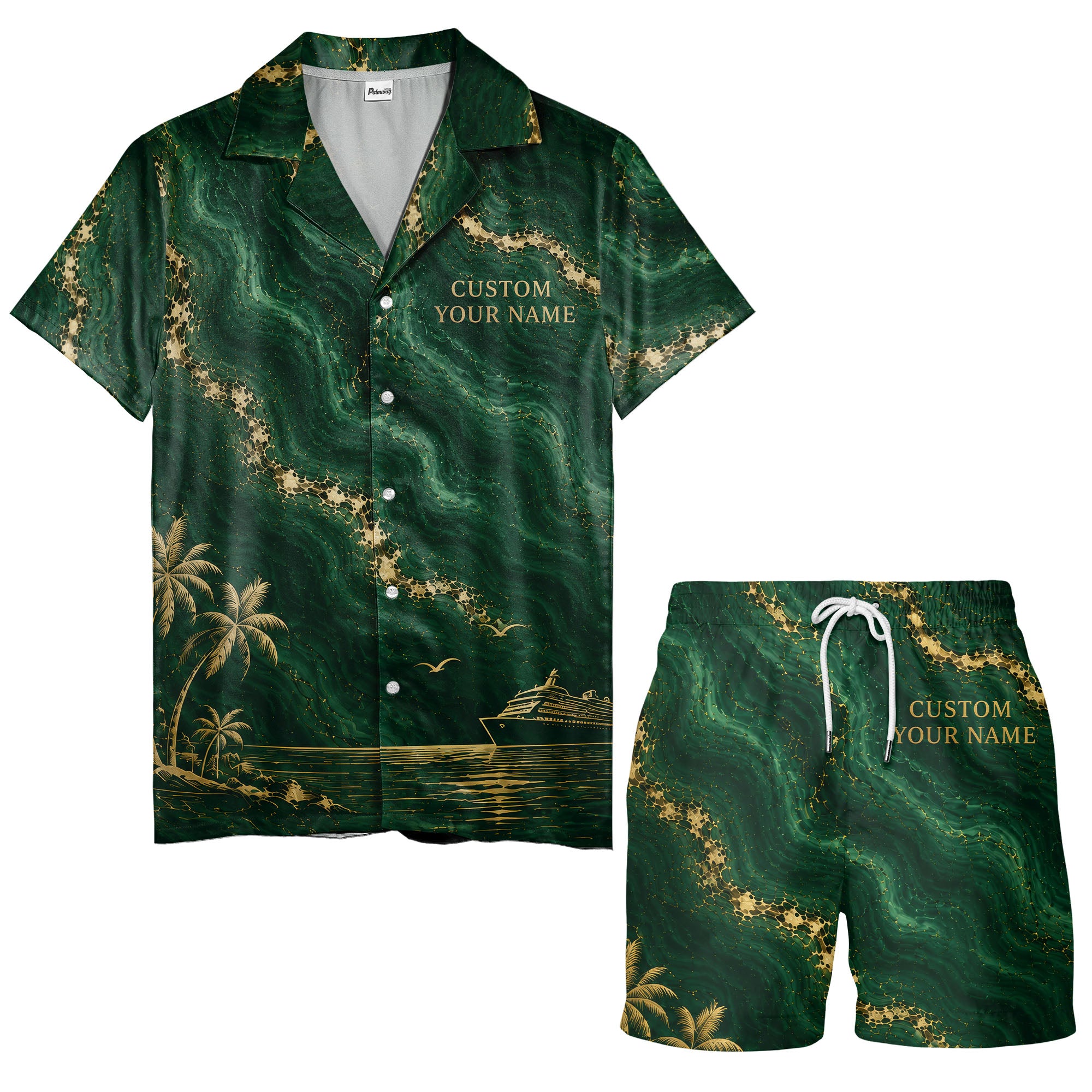 gold palm trees over emerald ocean waves cruise ship hawaiian shirt