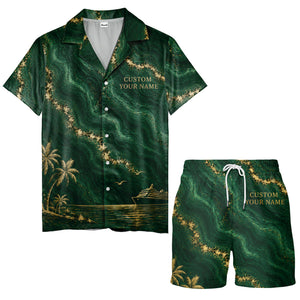 gold palm trees over emerald ocean waves cruise ship hawaiian shirt