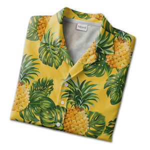 Golden Pineapple Hawaiian Shirt with Monstera Leaves Vector Art
