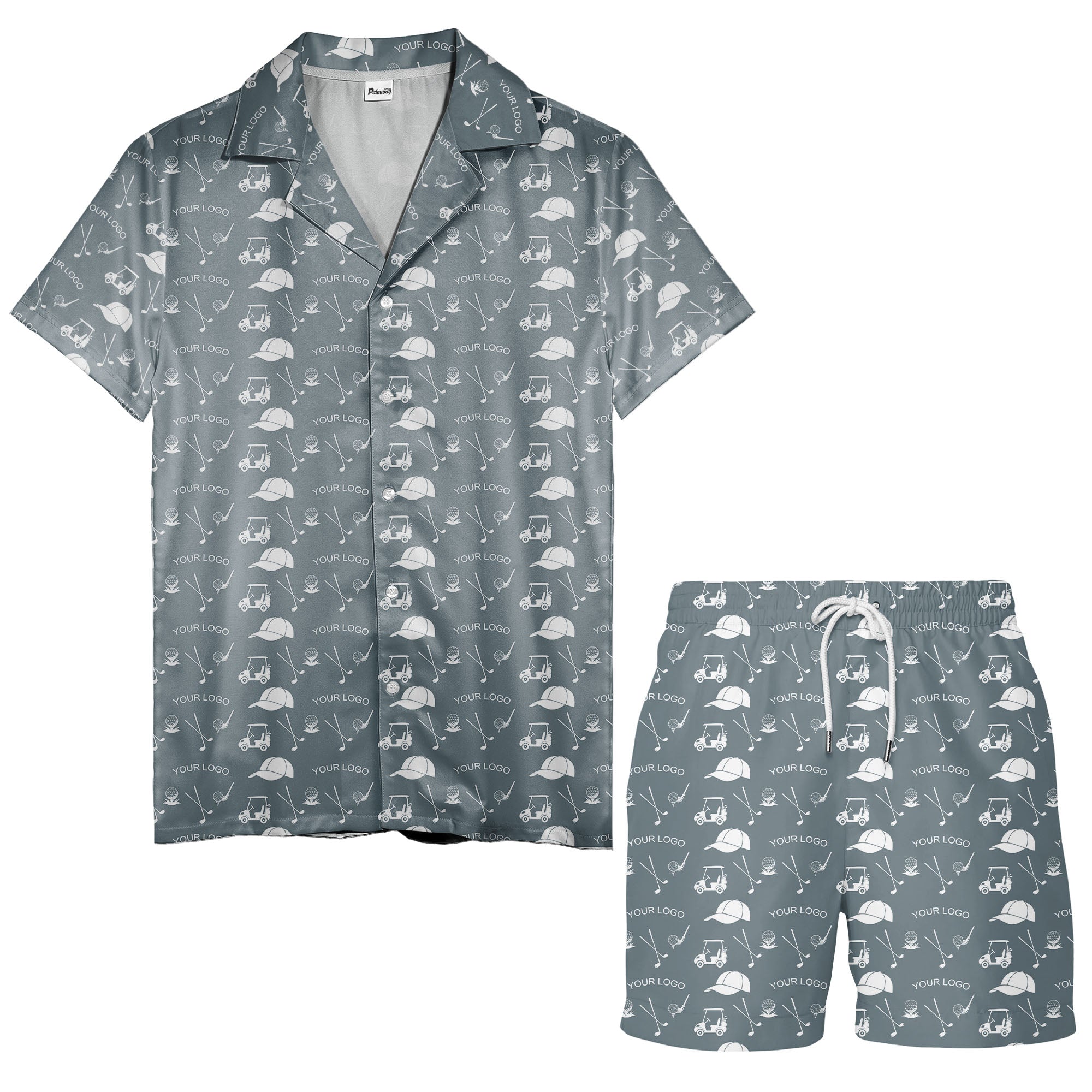 Golf Course Fairway Toile Hawaiian Shirt With Carts Clubs Balls Caps Aloha Button Down