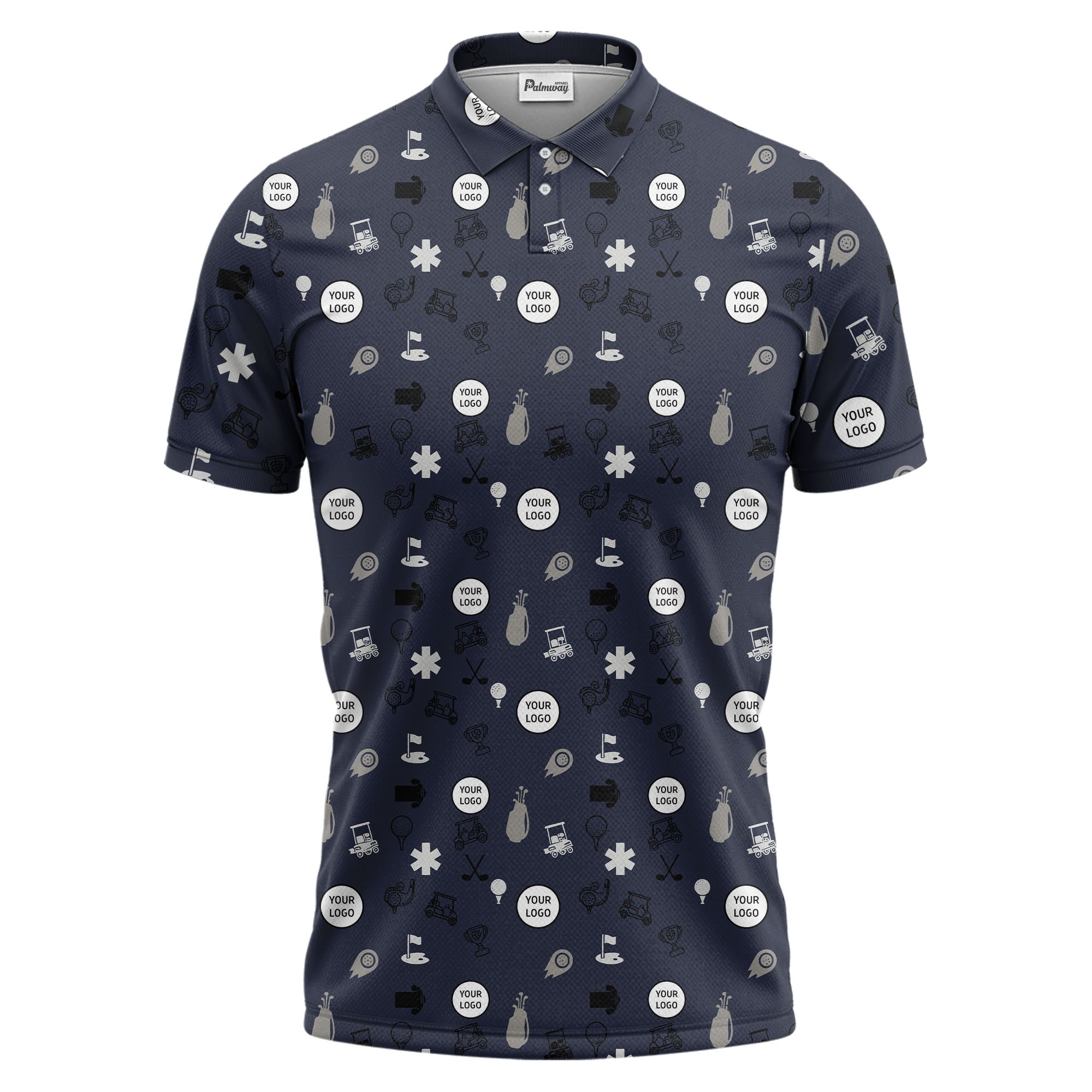 Gray Golf Course Sketch Polo Shirt With Repeating Balls Clubs Carts Trophies