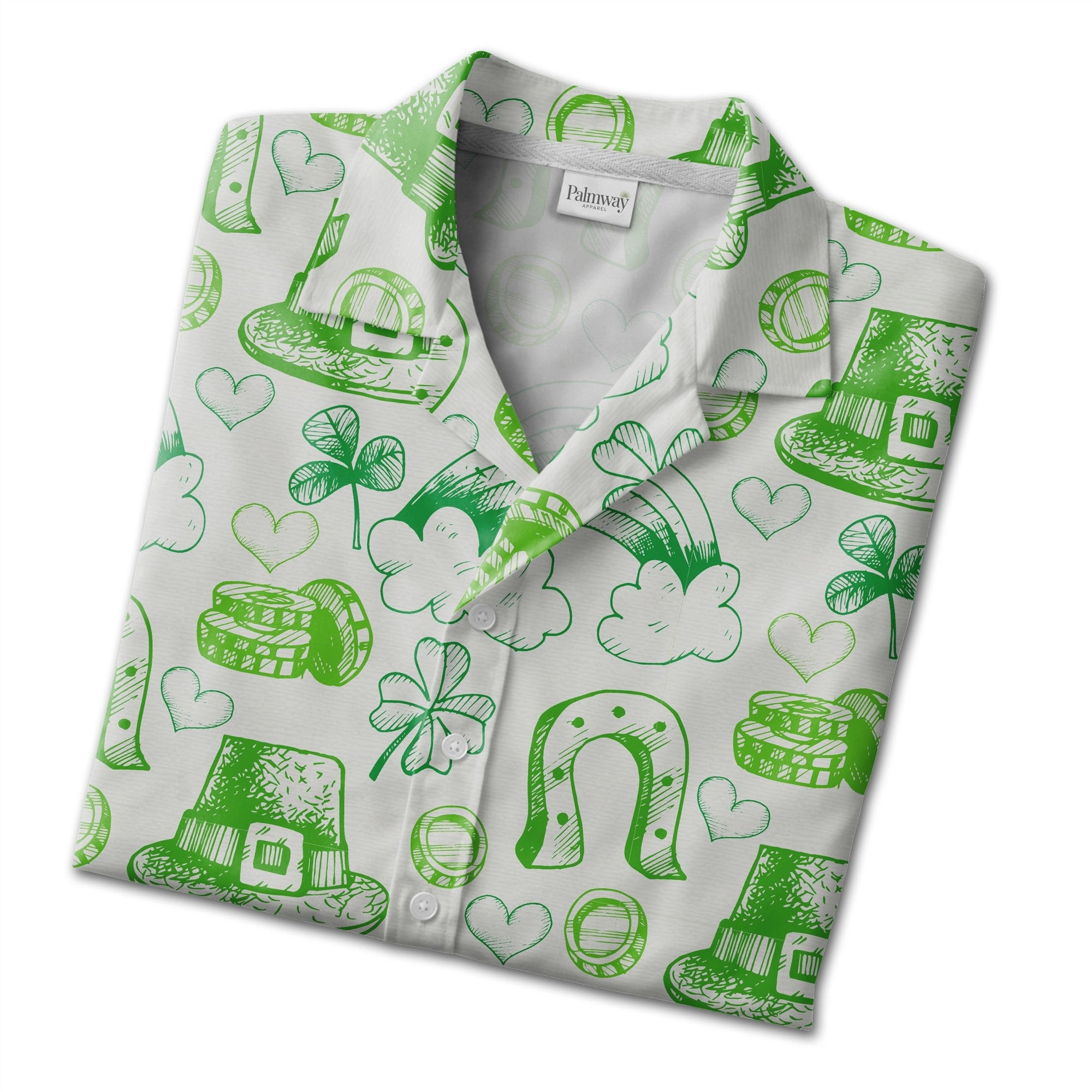 Hand-Drawn Irish Doodle Hawaiian Shirt with Shamrocks and Gold Stacks