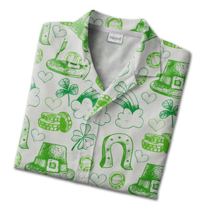 Hand-Drawn Irish Doodle Hawaiian Shirt with Shamrocks and Gold Stacks