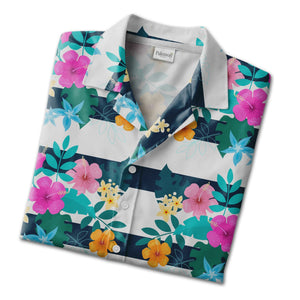 Hibiscus Floral Hawaiian Shirt on Navy White Horizontal Stripes