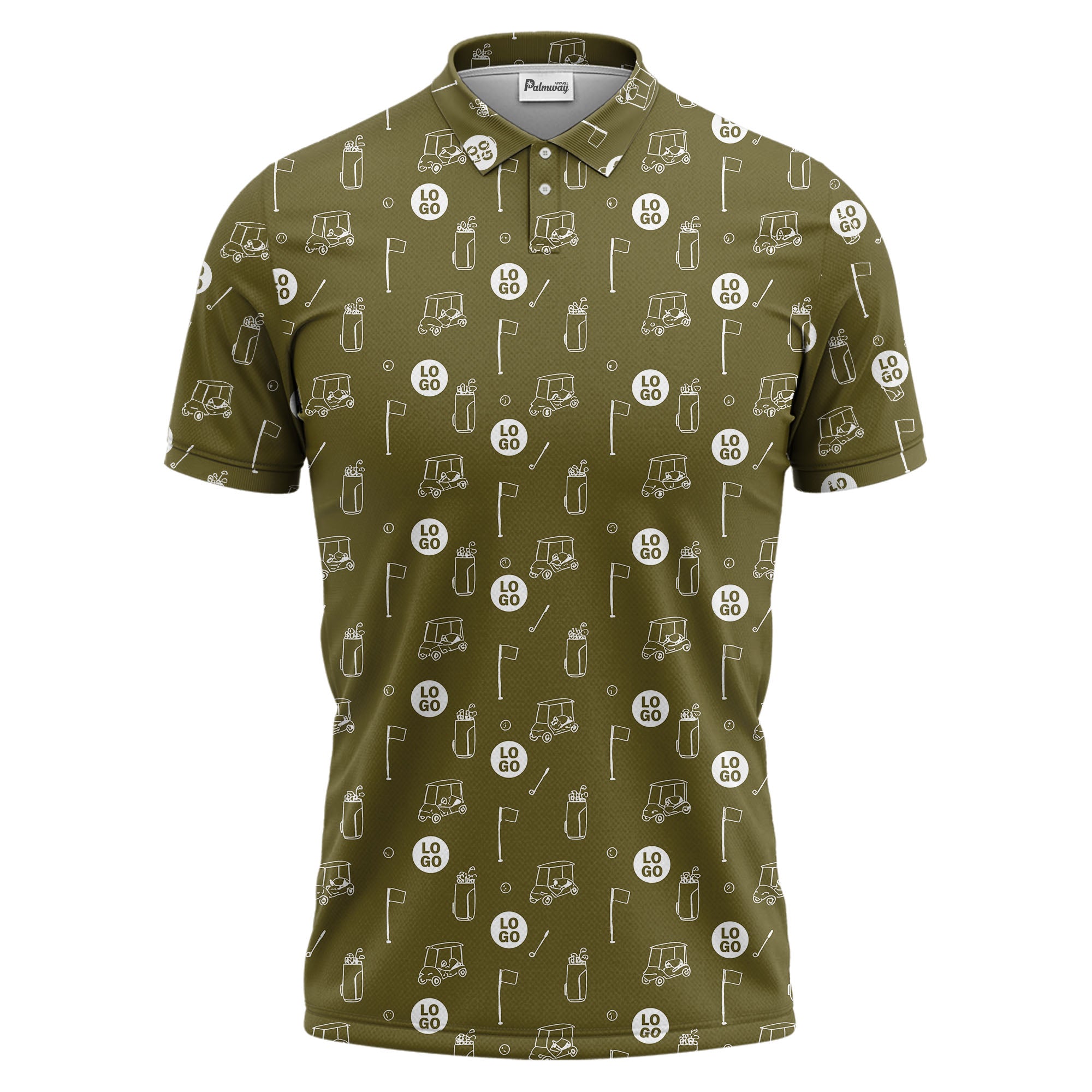 illustrated golf carts & clubs repeating on dark gray hawaiian polo shirt for men