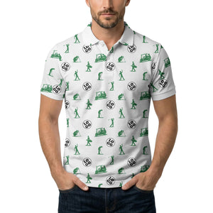 illustrated golfers golf carts repeating on green polo shirt for weekend fairway fun