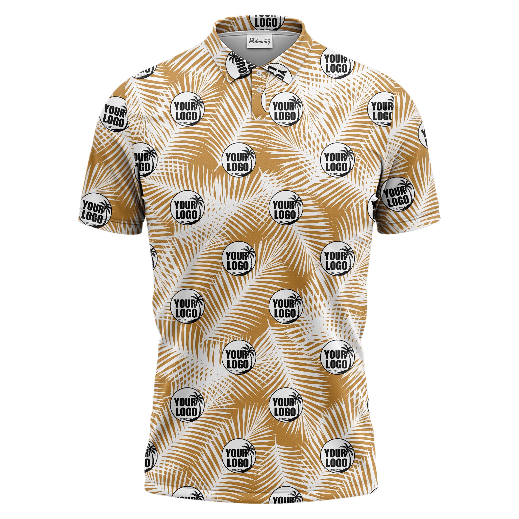 illustrated palm leaf logo repeating tropical polo shirt for men