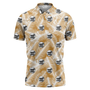 illustrated palm leaf logo repeating tropical polo shirt for men