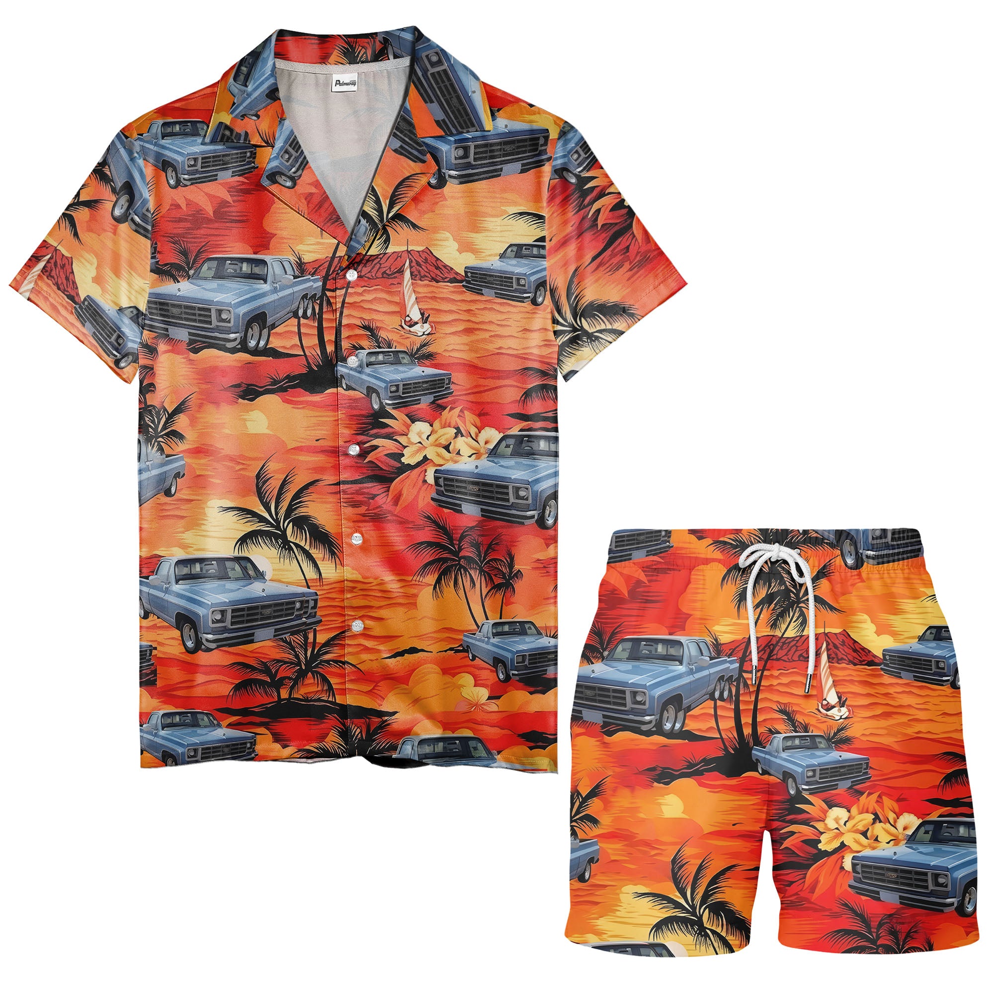 illustrated pickup trucks cruising palms tropical hawaiian shirt for men