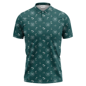illustrated purple tropical island palm trees surfboards polo shirt for men