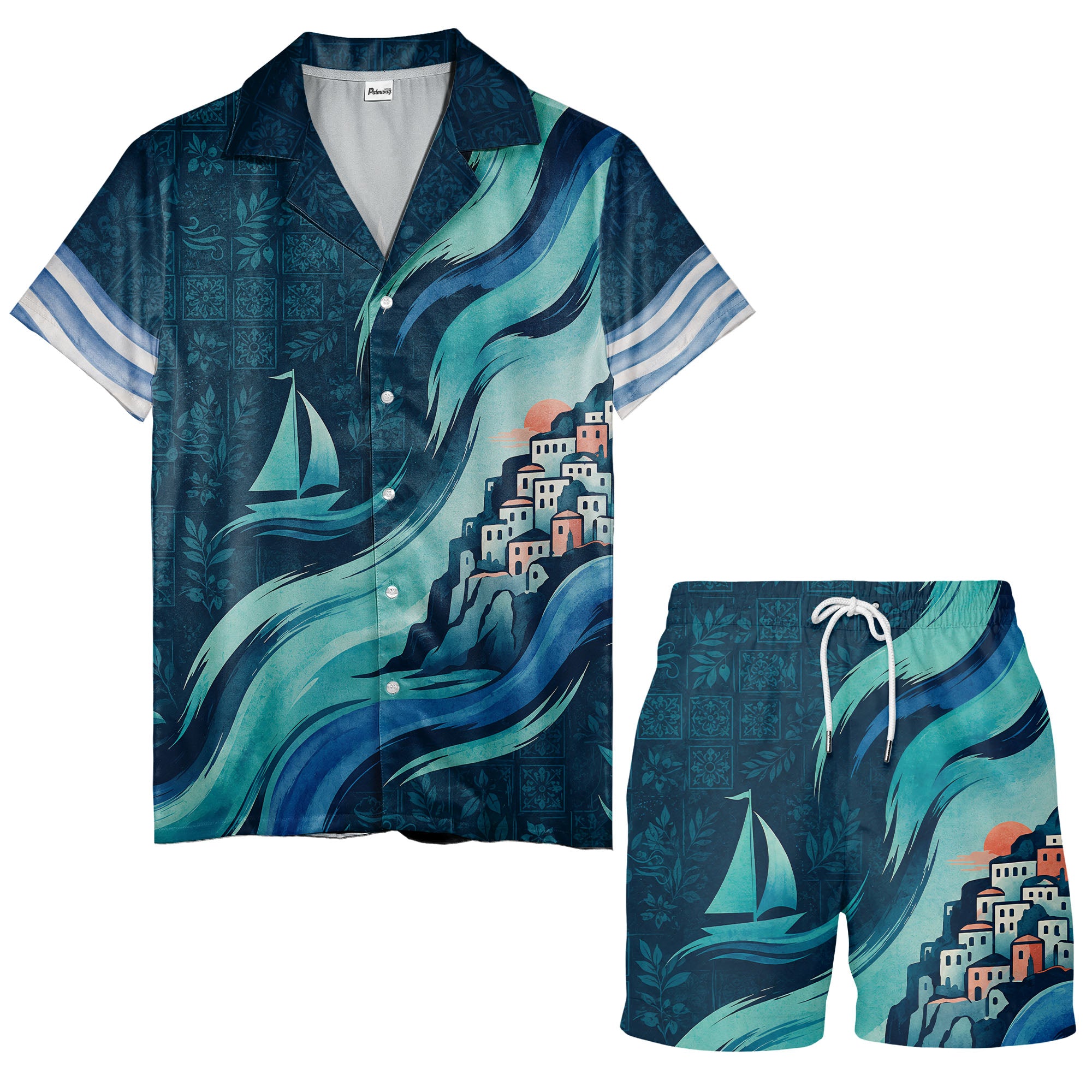 illustrated sailboat sunset & coastal village waves hawaiian shirt