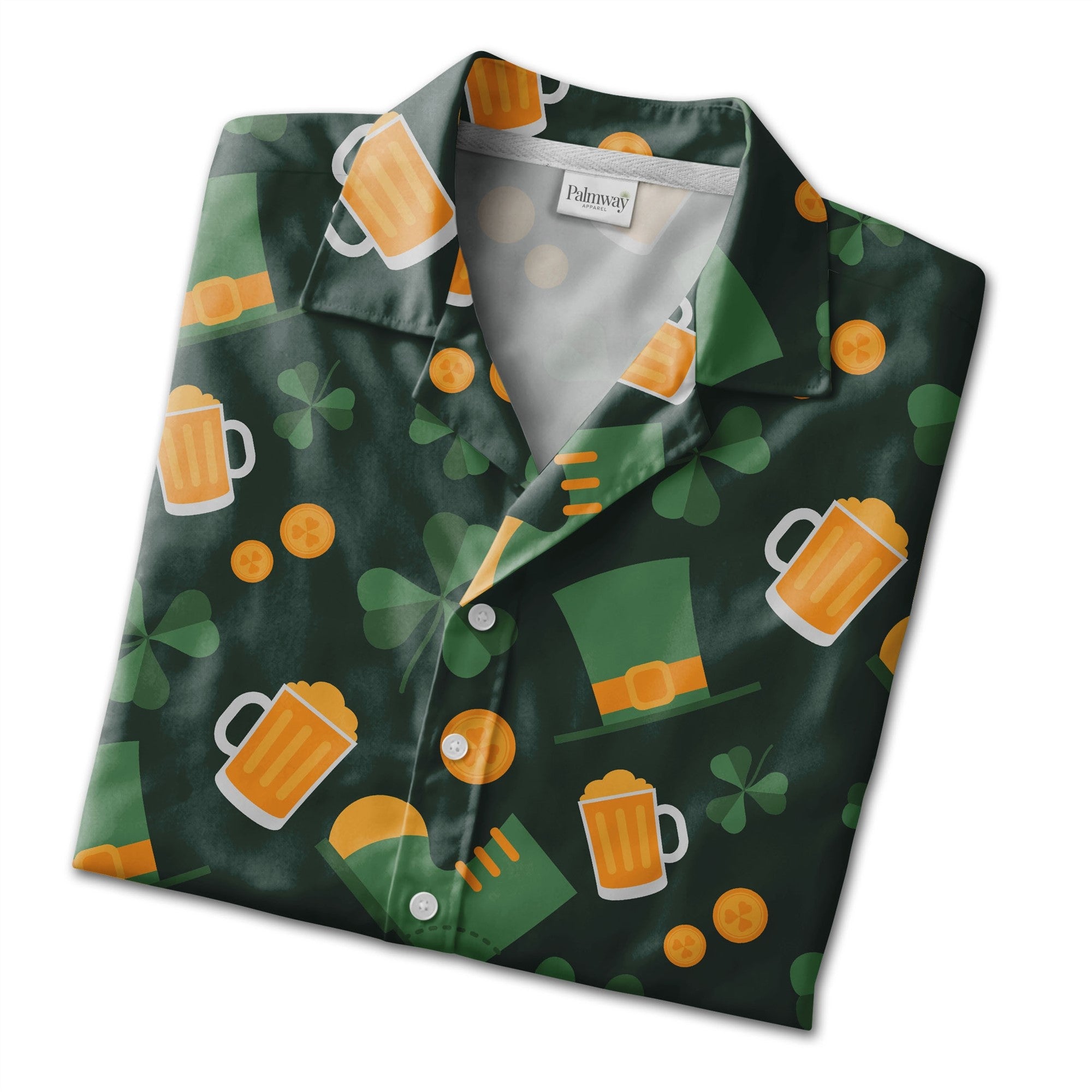 Irish Celebration Hawaiian Shirt with Teal Green Beer Mugs and Gold Coins