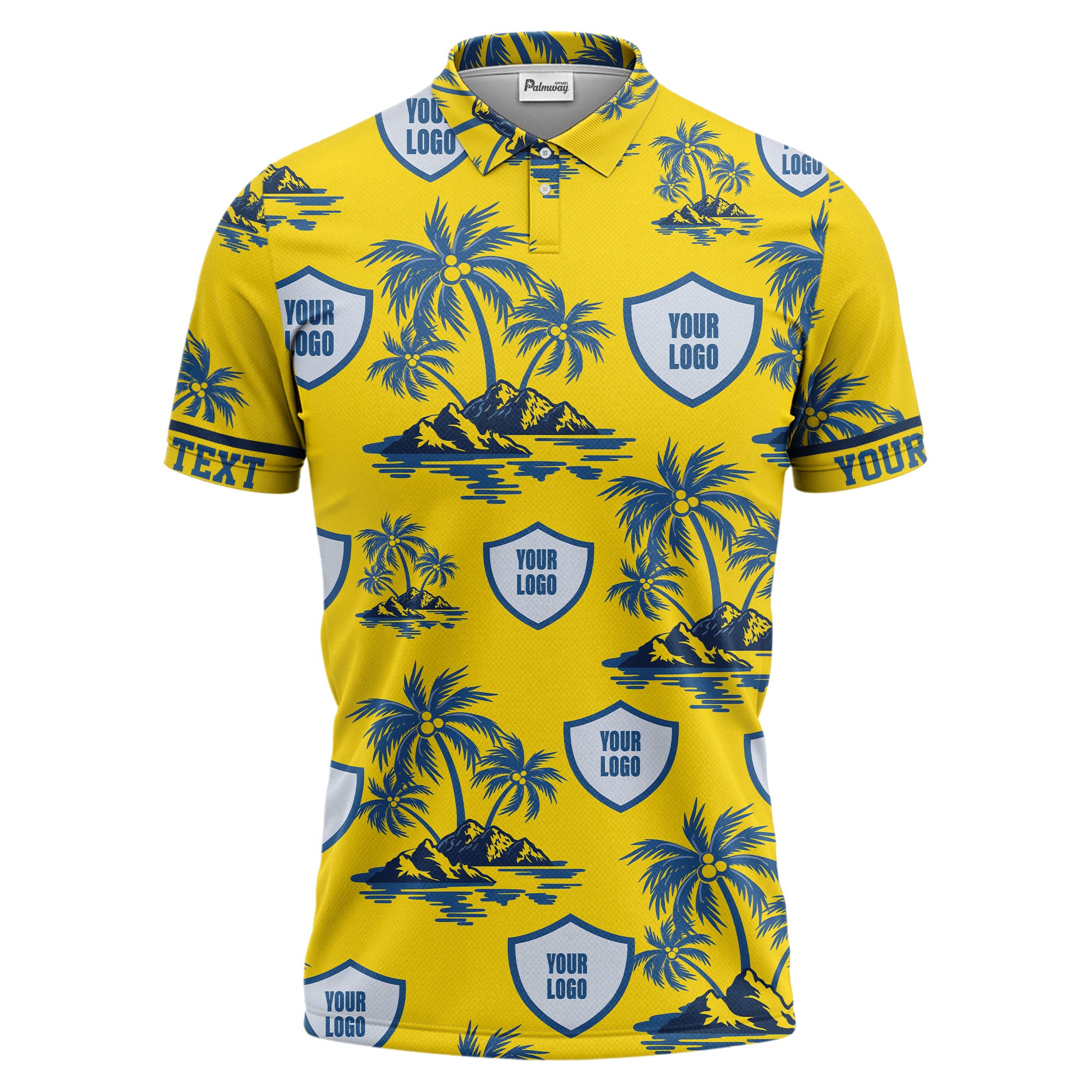 island oasis palm trees & shield logos navy blue tropical polo shirt