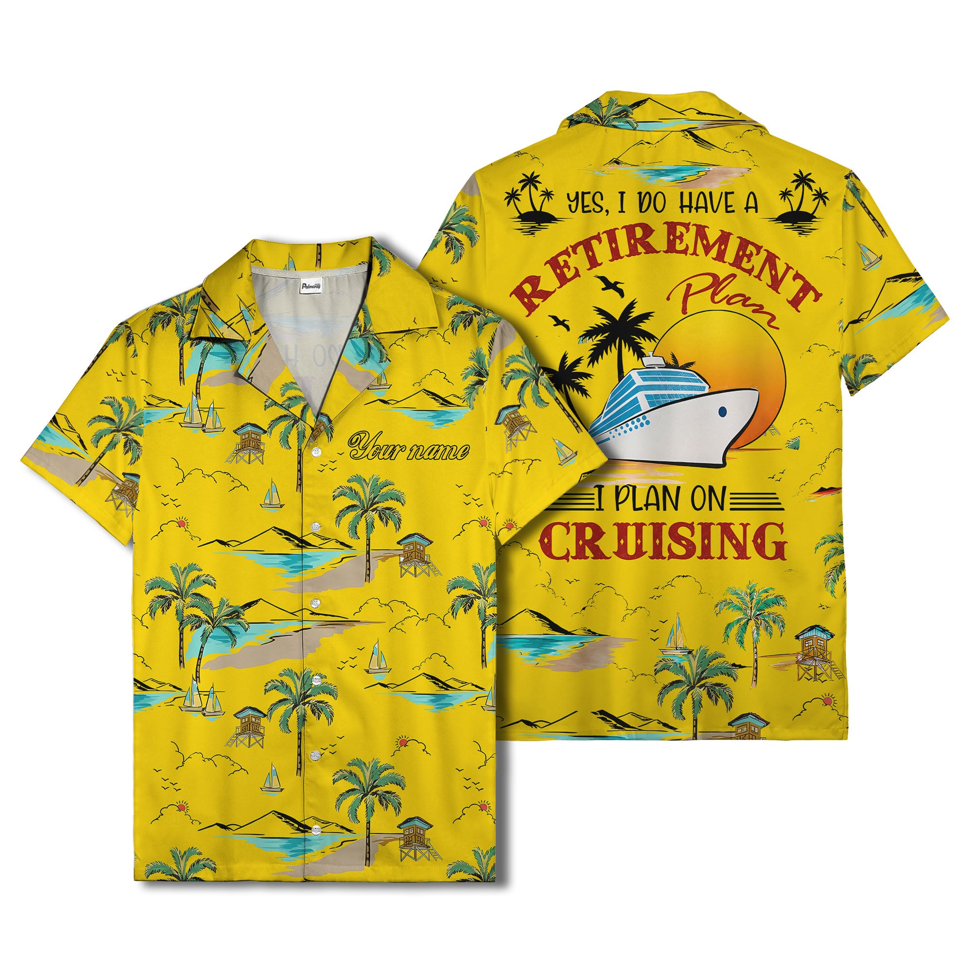 island paradise palm trees & sailboats sunset hawaiian shirt