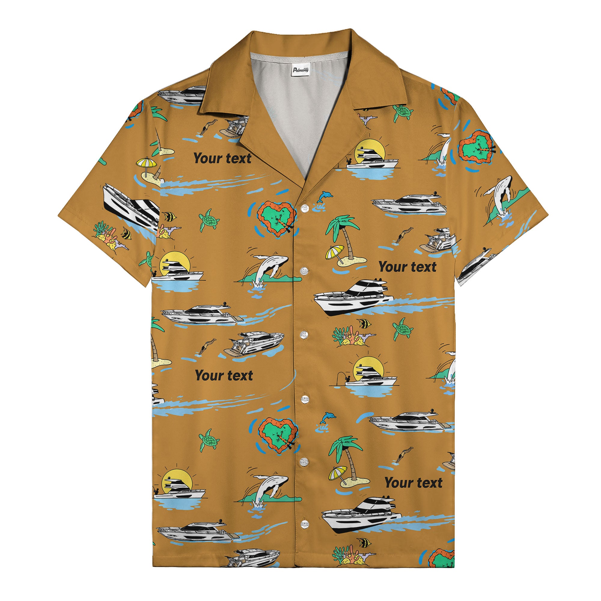 luxury yacht & heart-shaped island cartoon hawaiian shirt