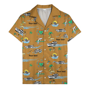 luxury yacht & heart-shaped island cartoon hawaiian shirt