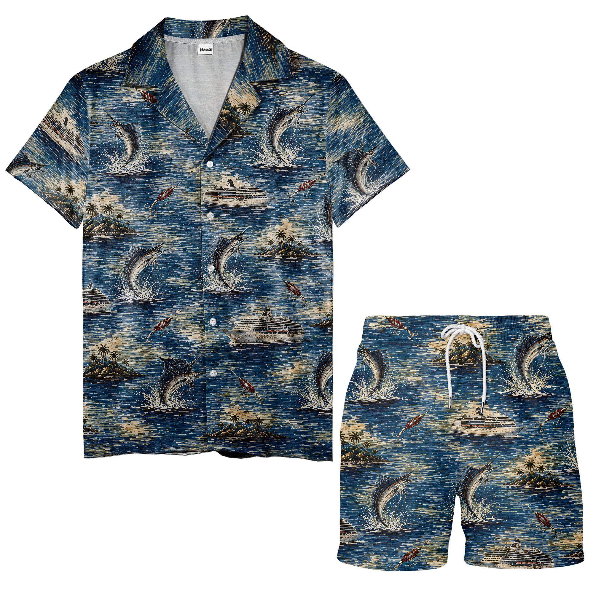 marlin fish & cruise ship ocean scene hawaiian shirt for men