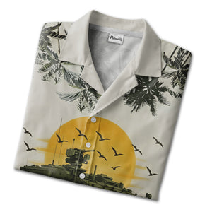 Military Armored Vehicle Tropical Hawaiian Shirt – Sunset & Palm Trees