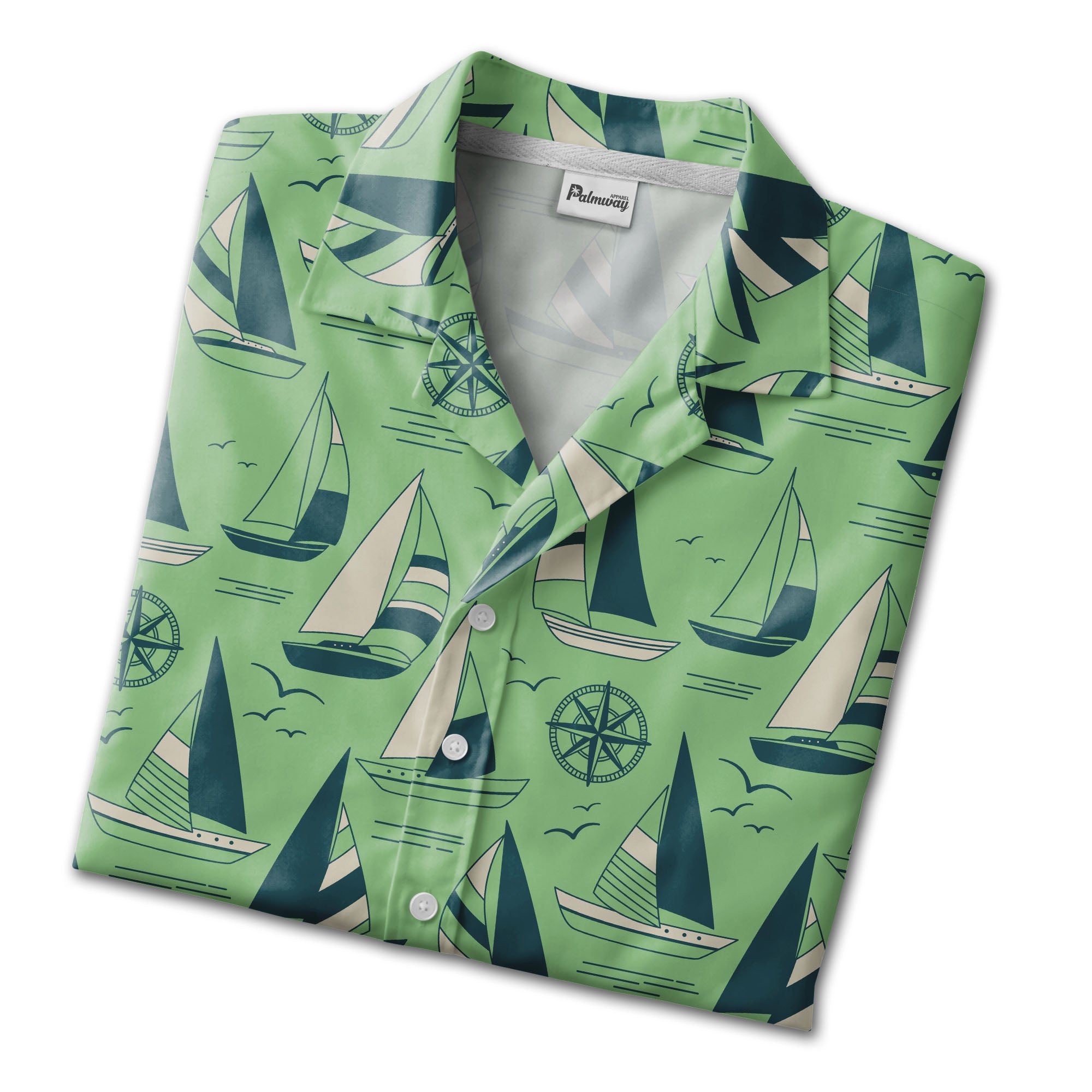 Mint Teal Sailboat & Compass Hawaiian Shirt – Nautical Ocean Sailing Print