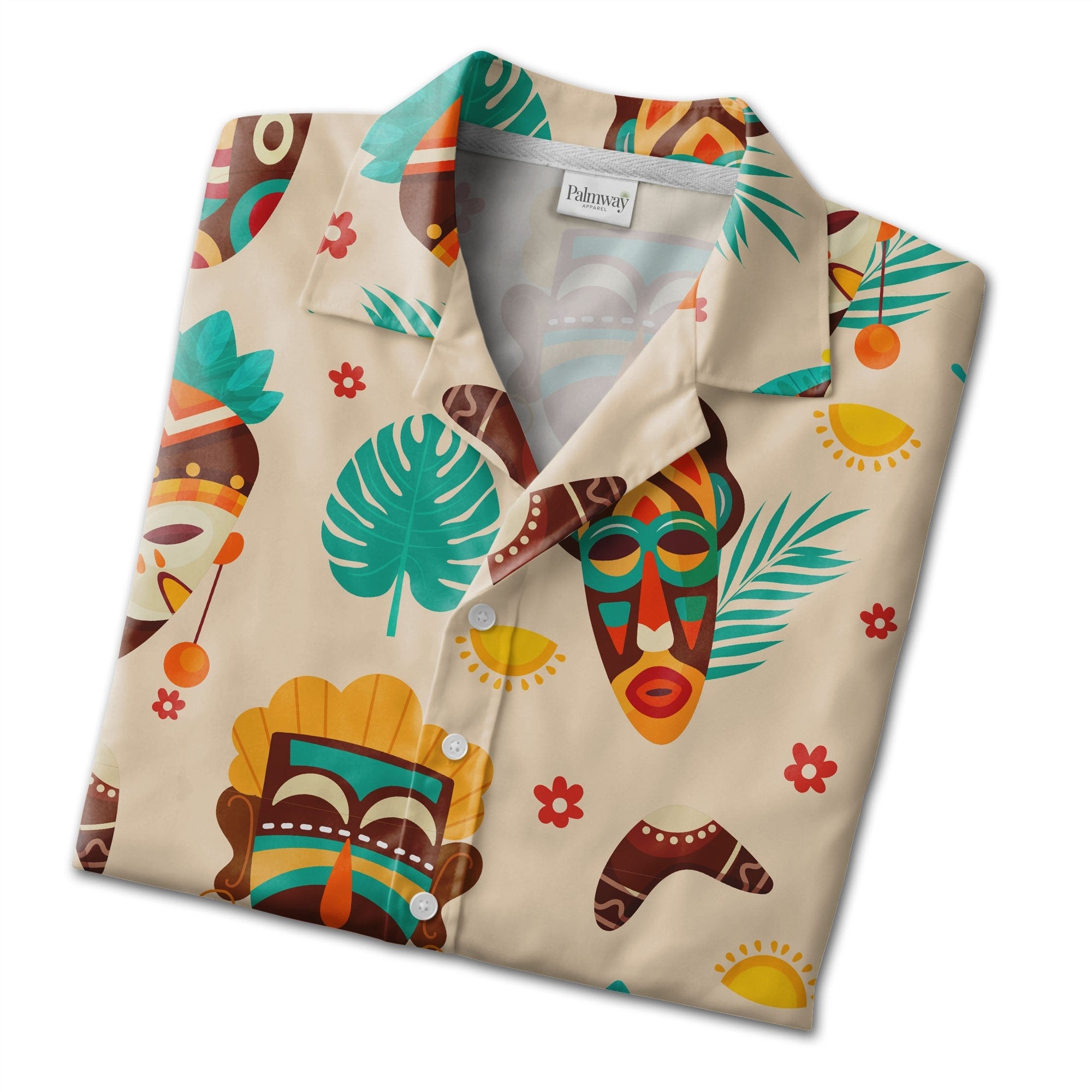 Modern Tiki Hawaiian Shirt with Monstera and Boomerangs on Beige