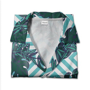 Monstera Leaf Hawaiian Shirt on Aqua White Diagonal Stripes