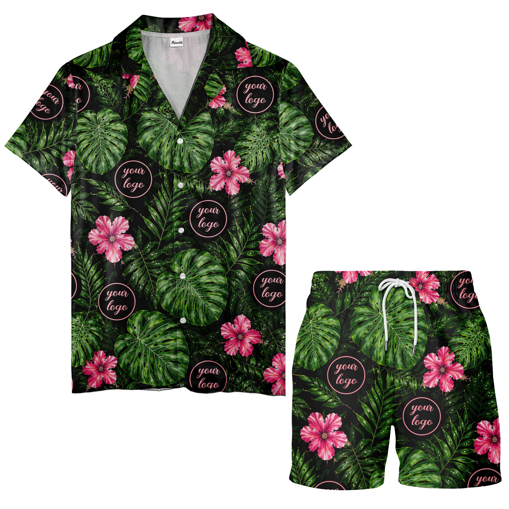 monstera leaves pink hibiscus watercolor hawaiian shirt for men