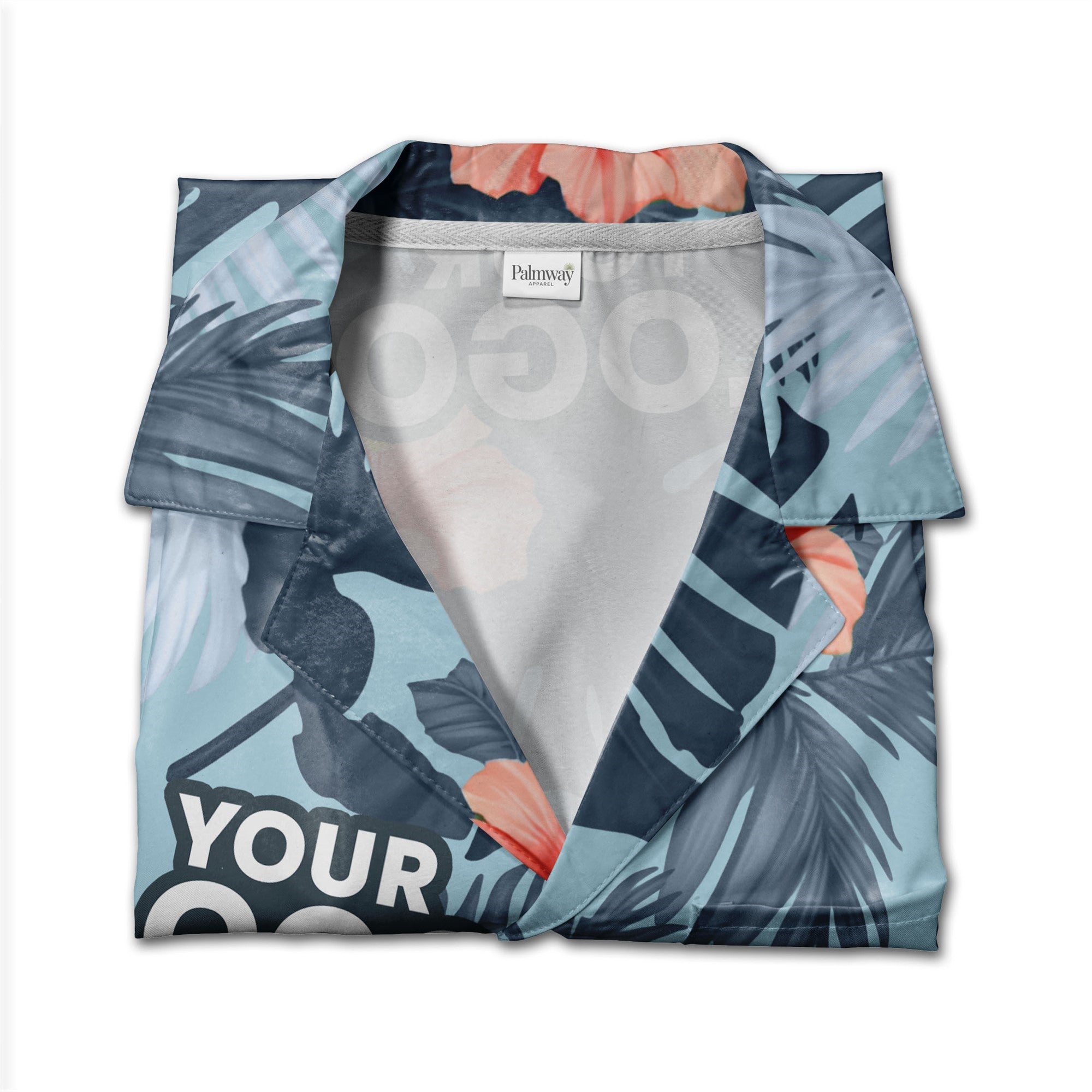 Navy Blue Corporate Hawaiian Shirt with Hibiscus and Custom Logo Space