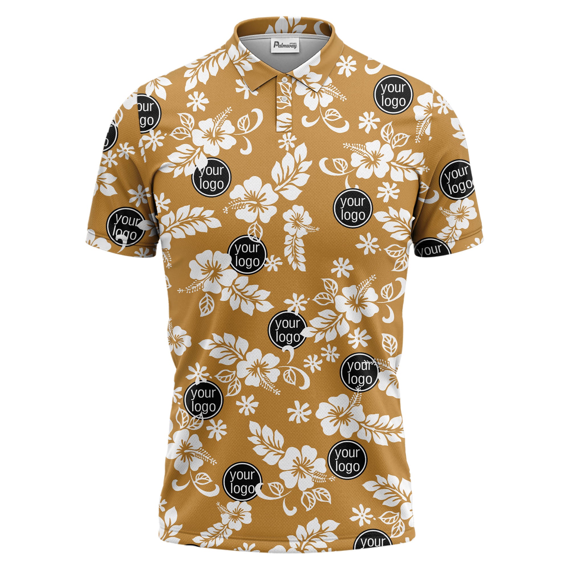 navy blue watercolor hibiscus & custom logo repeat pattern polo shirt