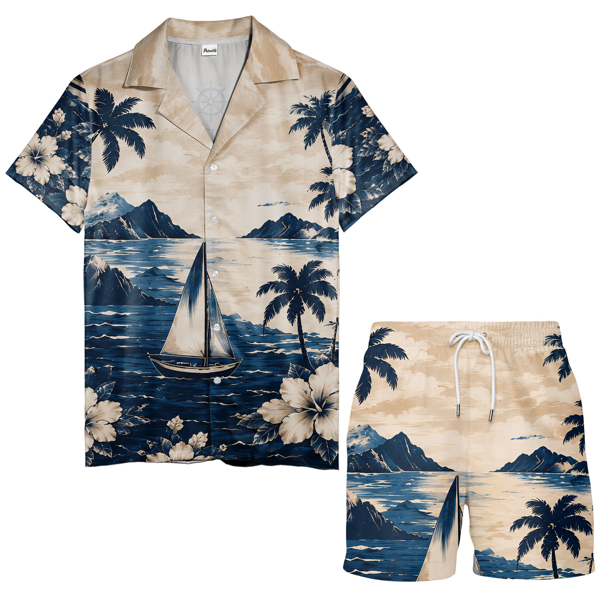 navy sailboat palm hibiscus hawaiian shirt for men