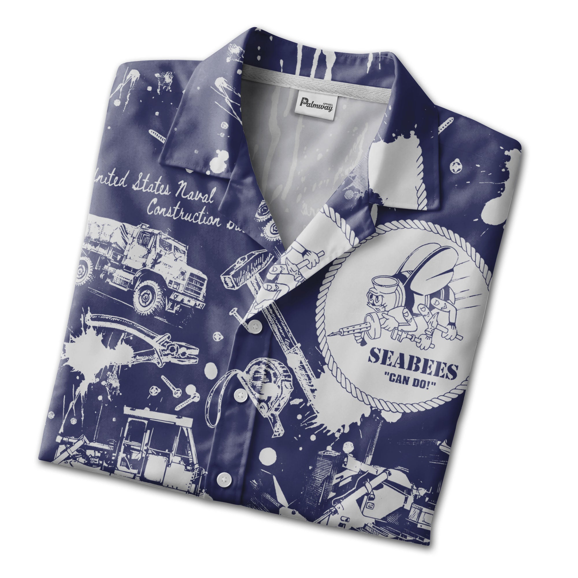 Navy Seabees Blueprint Hawaiian Shirt - Construction Tools & Military Mascot Print