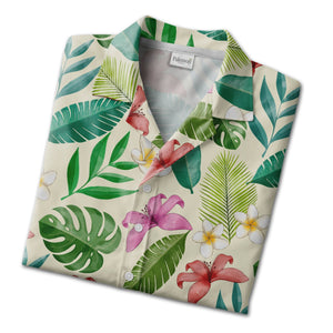 Pale Aqua Blue Watercolor Plumeria Hawaiian Shirt with Ranunculus and Palm