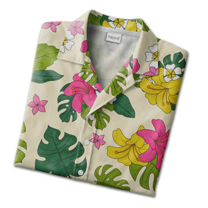 Pale Beige Hand-Drawn Monstera Hawaiian Shirt with Large Yellow Pink Flowers