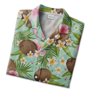 Pale Pink Coconut Cherry Hawaiian Shirt with Banana Leaves and Hibiscus