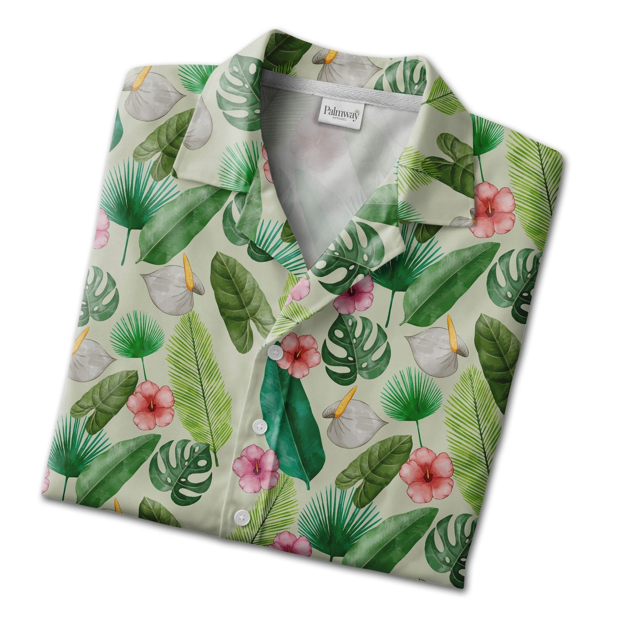 Pale Sage Green Watercolor Monstera Hawaiian Shirt with Anthurium Hibiscus