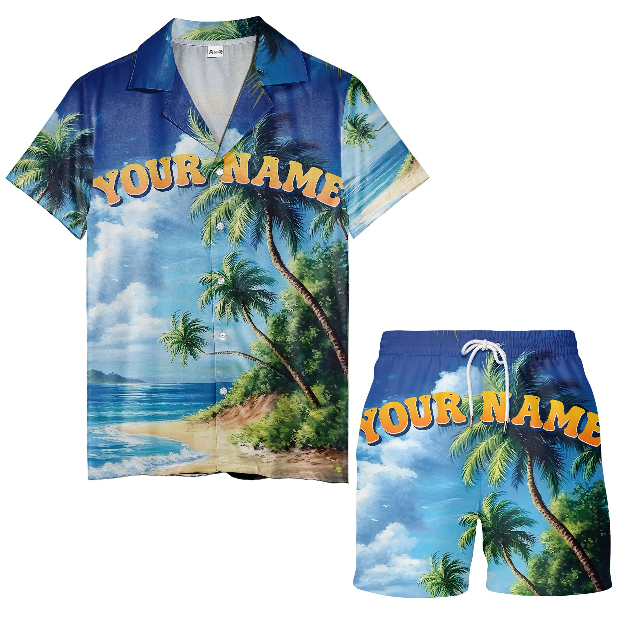 palm trees over ocean waves photorealistic hawaiian shirt