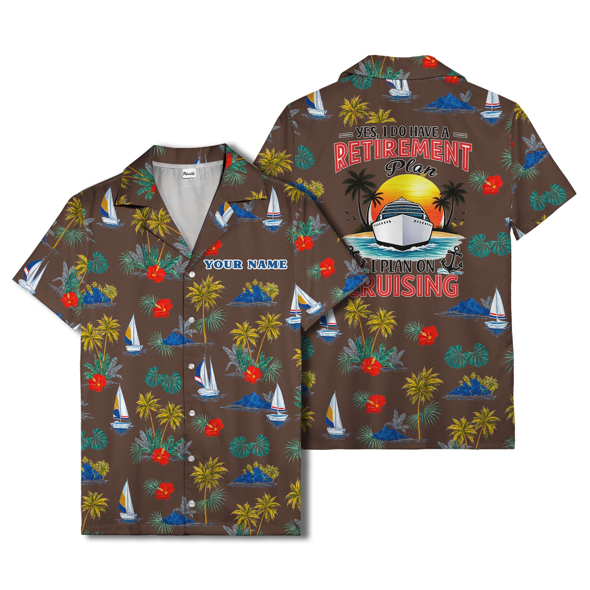 palm trees sailboats hibiscus island paradise hawaiian shirt