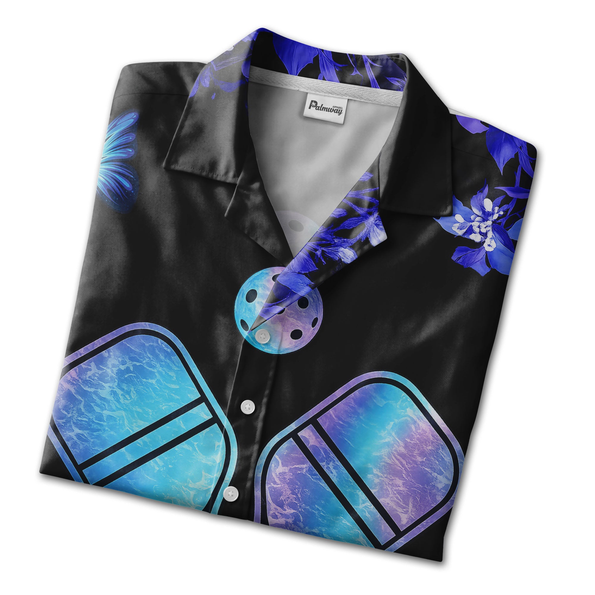 Pickleball Floral Hawaiian Shirt - Butterfly Garden Paddles Purple Aqua Design