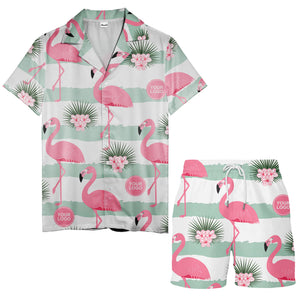pink flamingos watercolor aloha shirt with mint stripes and tropical flowers hawaiian shirt