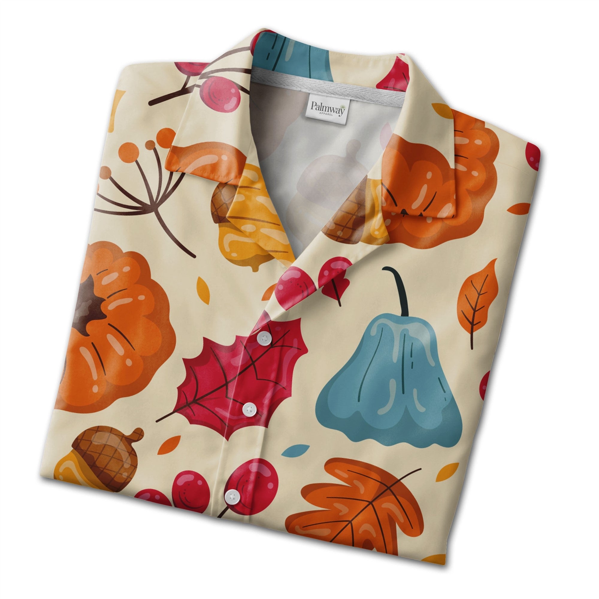 Pumpkin Patch Hawaiian Shirt with Blue Gourds and Red Berry Branches