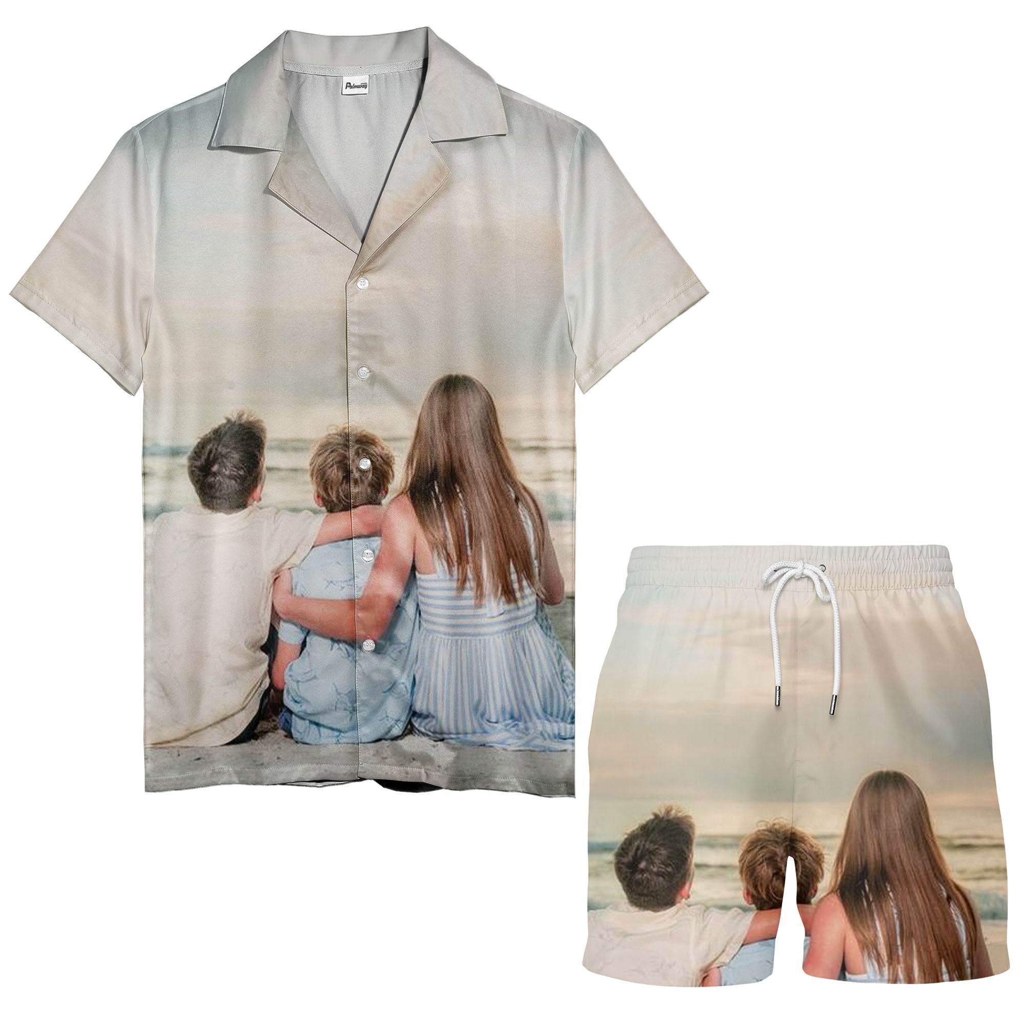 realistic beach family vacation scene hawaiian shirt with sand & surf aloha vibe