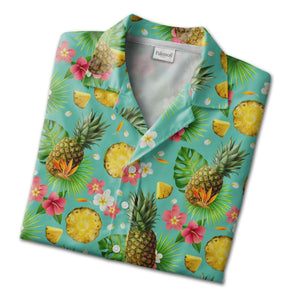 Realistic Pineapple Hawaiian Shirt with Bird of Paradise on Teal