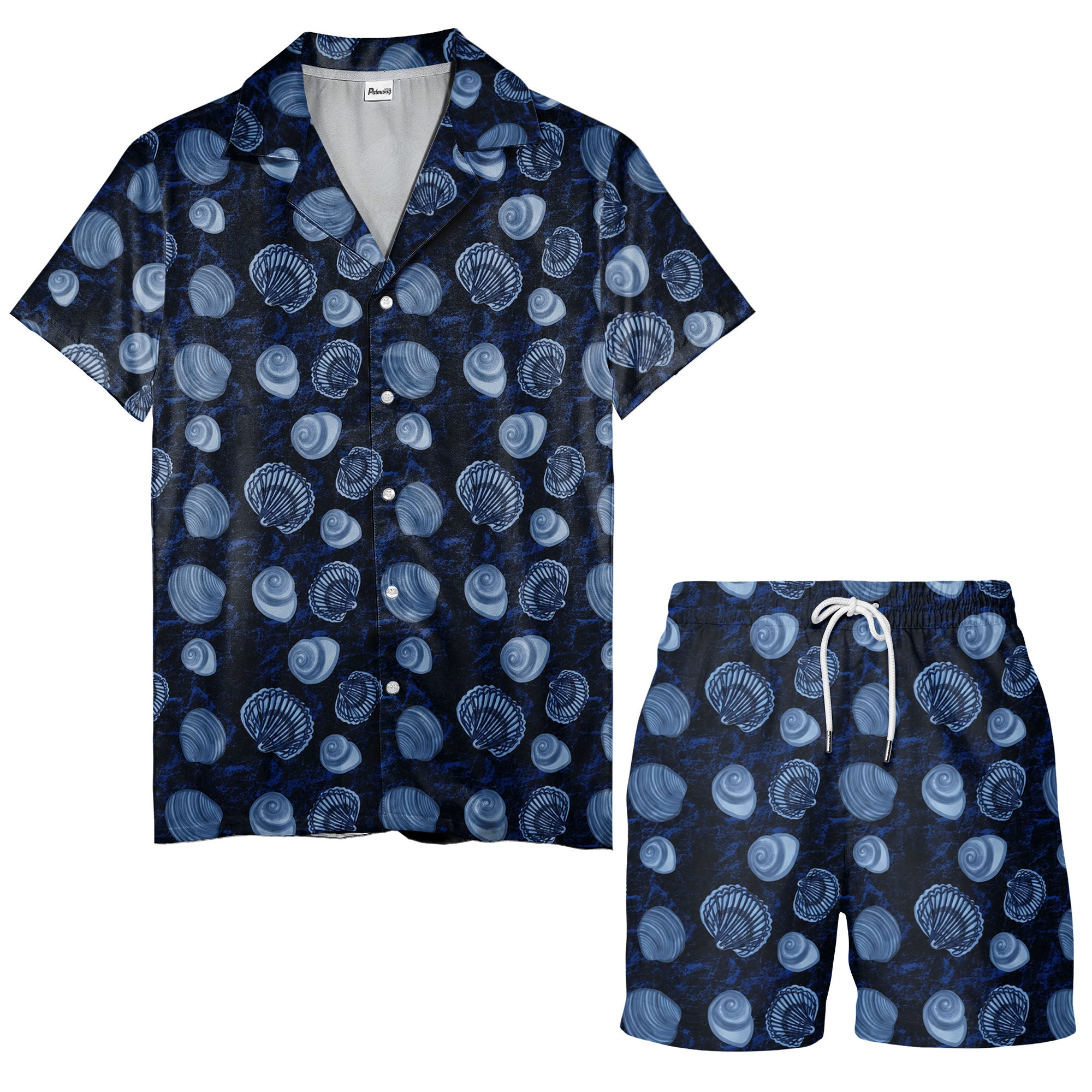 realistic seashell & spiral shell repeat navy blue hawaiian shirt