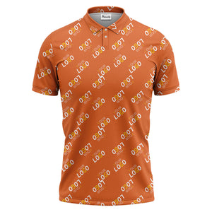 repeating gold logo hawaiian polo shirt with custom text overlay