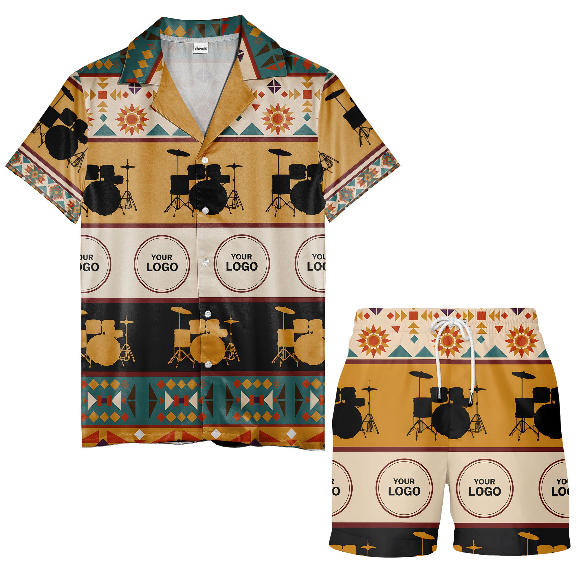 retro drum kits & sunburst geometric border hawaiian shirt