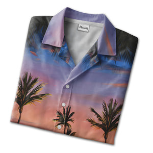 Retro Sunset Muscle Car & Palm Trees Tropical Hawaiian Button Down Shirt Hawaiian Shirt