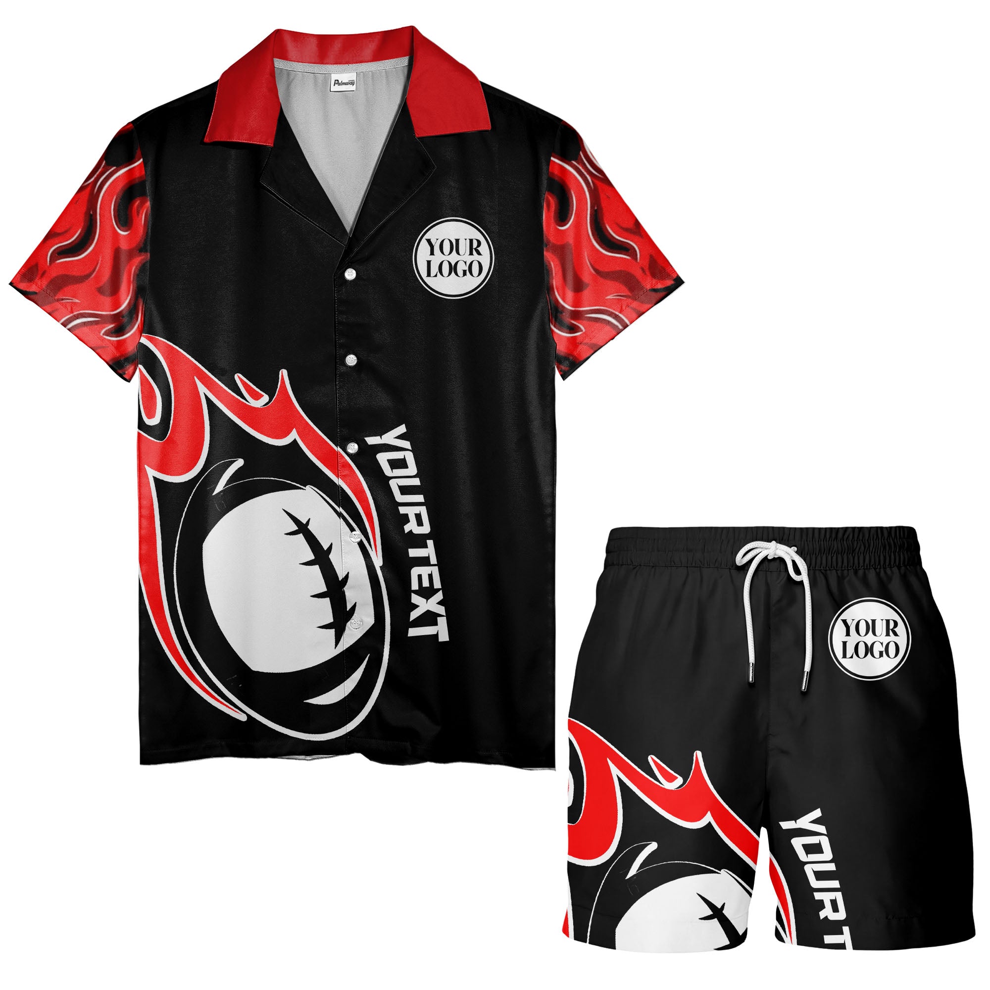 rugby ball & tribal flames black coral hawaiian shirt for men