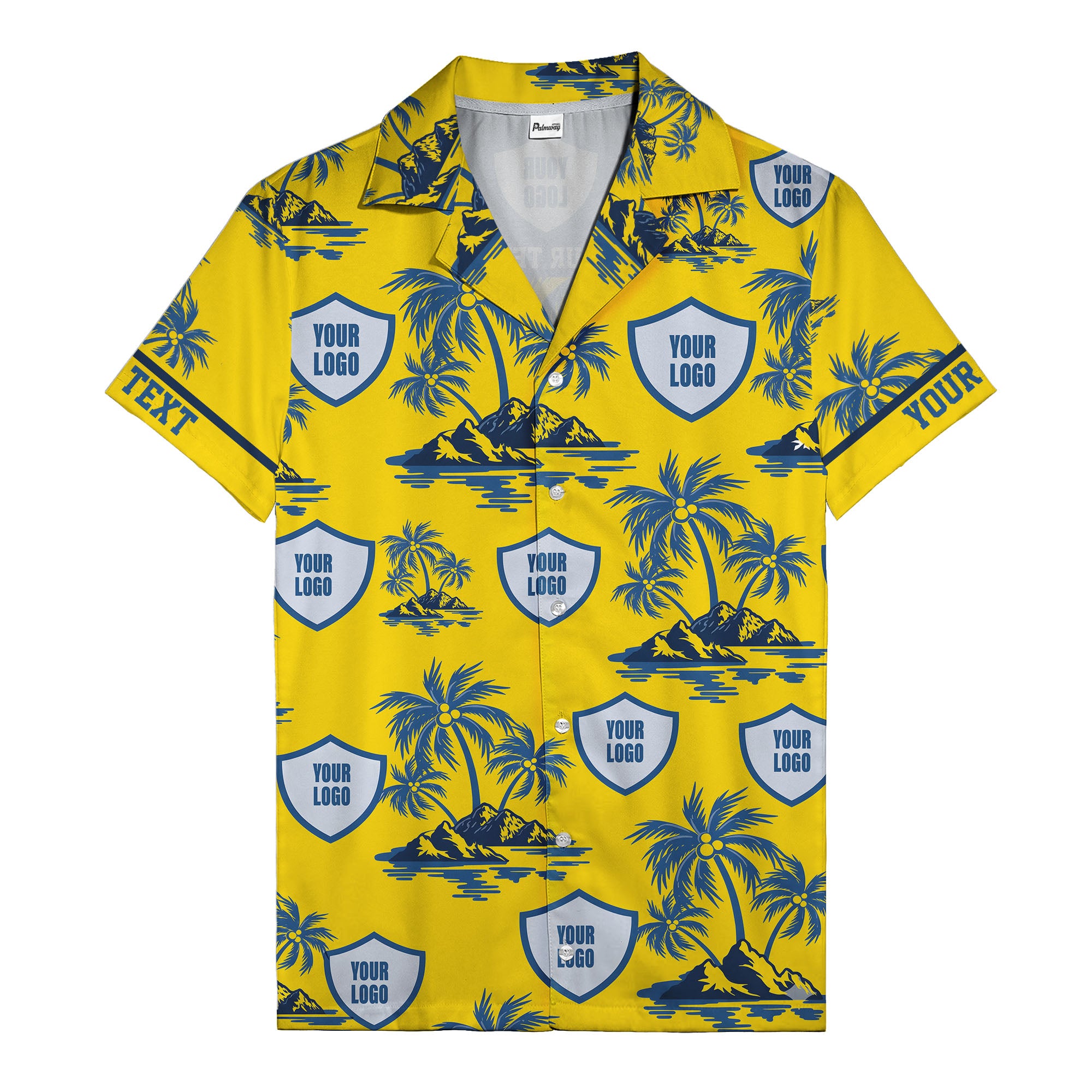 shield logo palm tree island scene navy blue hawaiian shirt for men