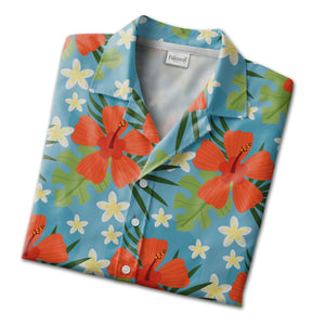 Sky Blue Coral Orange Hibiscus Hawaiian Shirt with Plumeria and Monstera