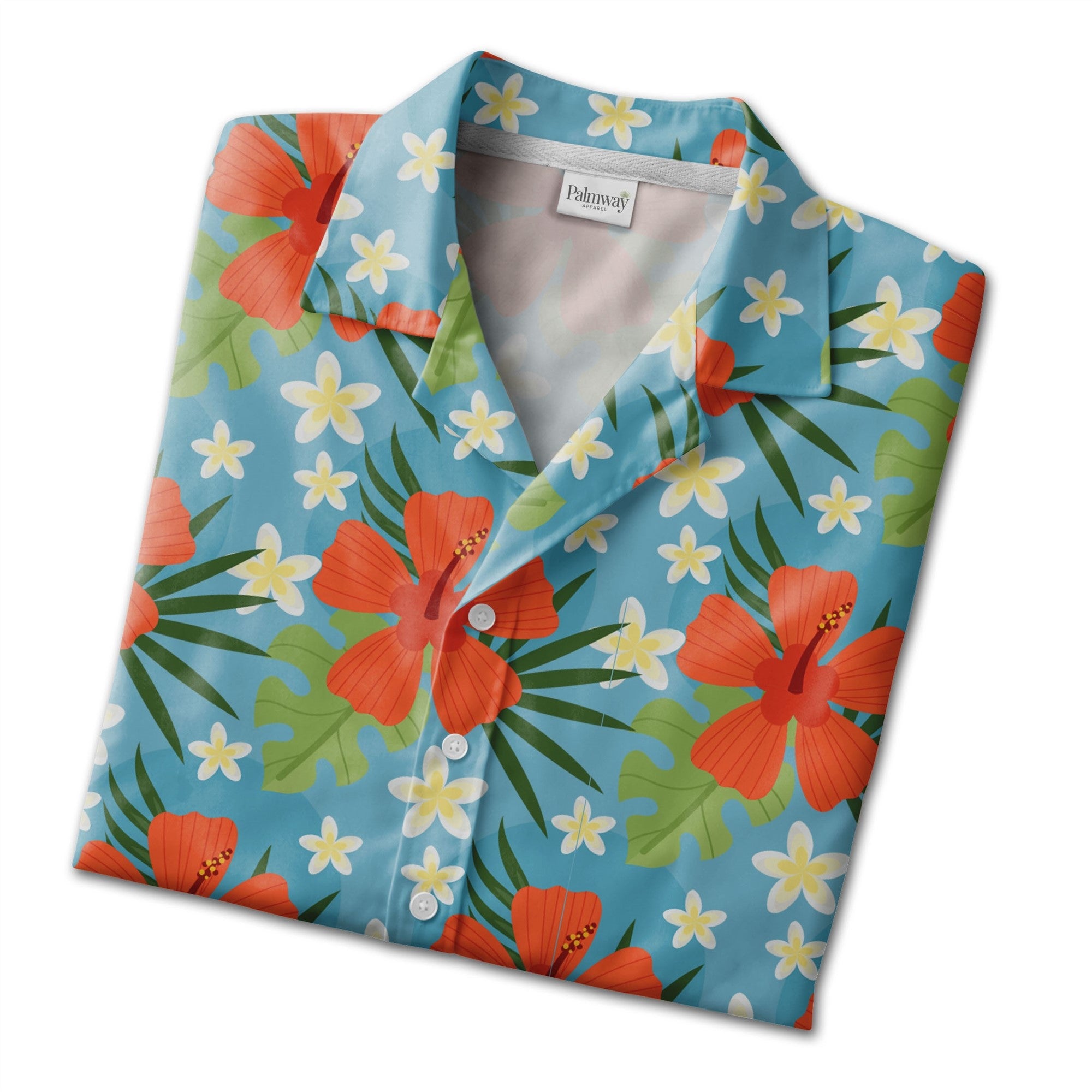 Sky Blue Curved Shape Hibiscus Hawaiian Shirt with Plumeria and Palm Fronds