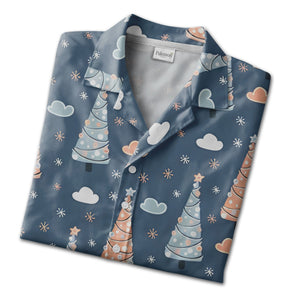 Slate Blue Holiday Hawaiian Shirt with Ornament Christmas Trees